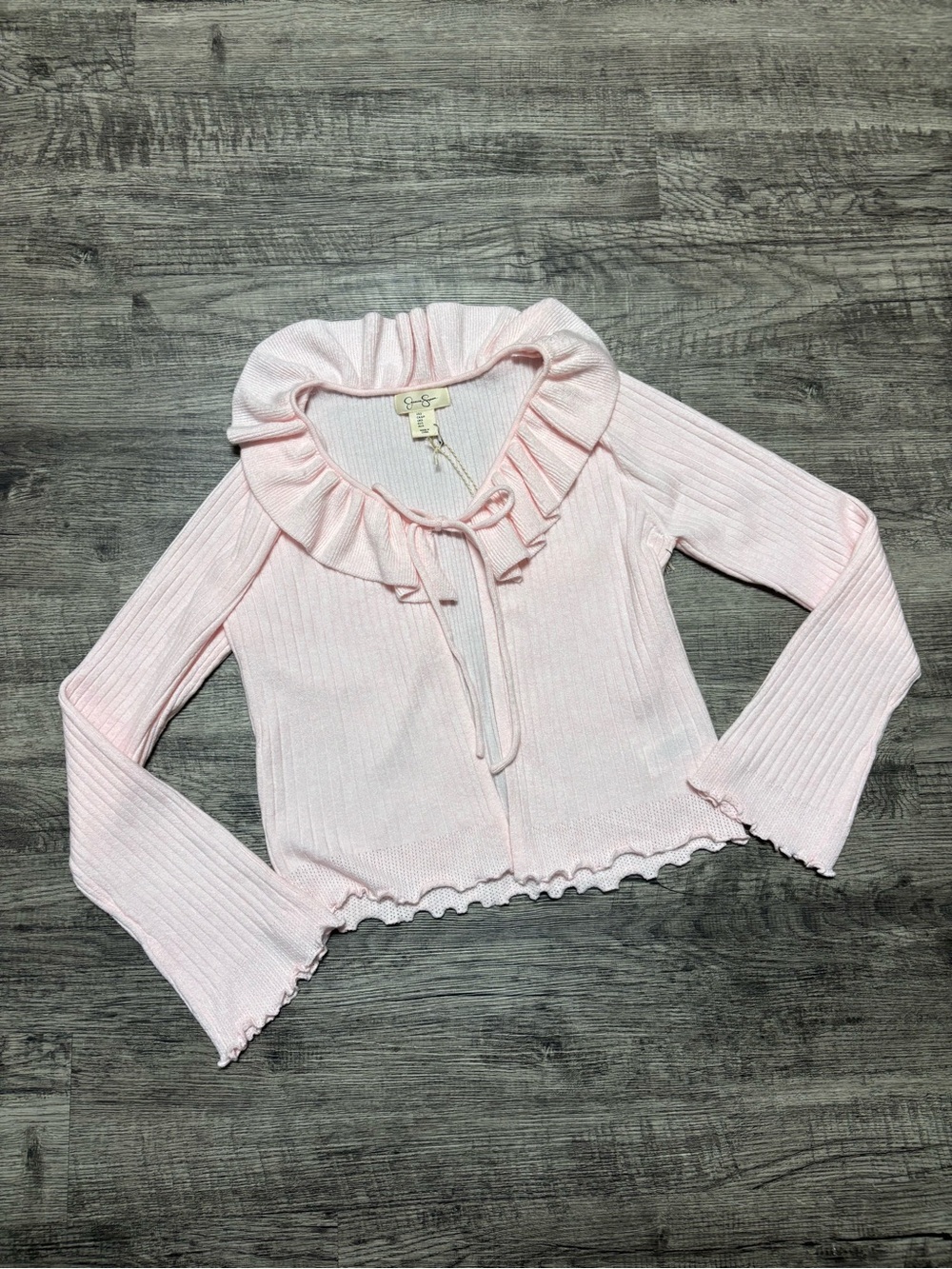 Ruffled Tie-Neck Ribbed Sweater Top - Light Pink